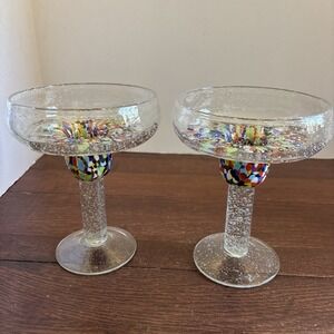 Home Studio Hand Blown Baja Confetti Colorful Margarita Glasses Set‎ of 2